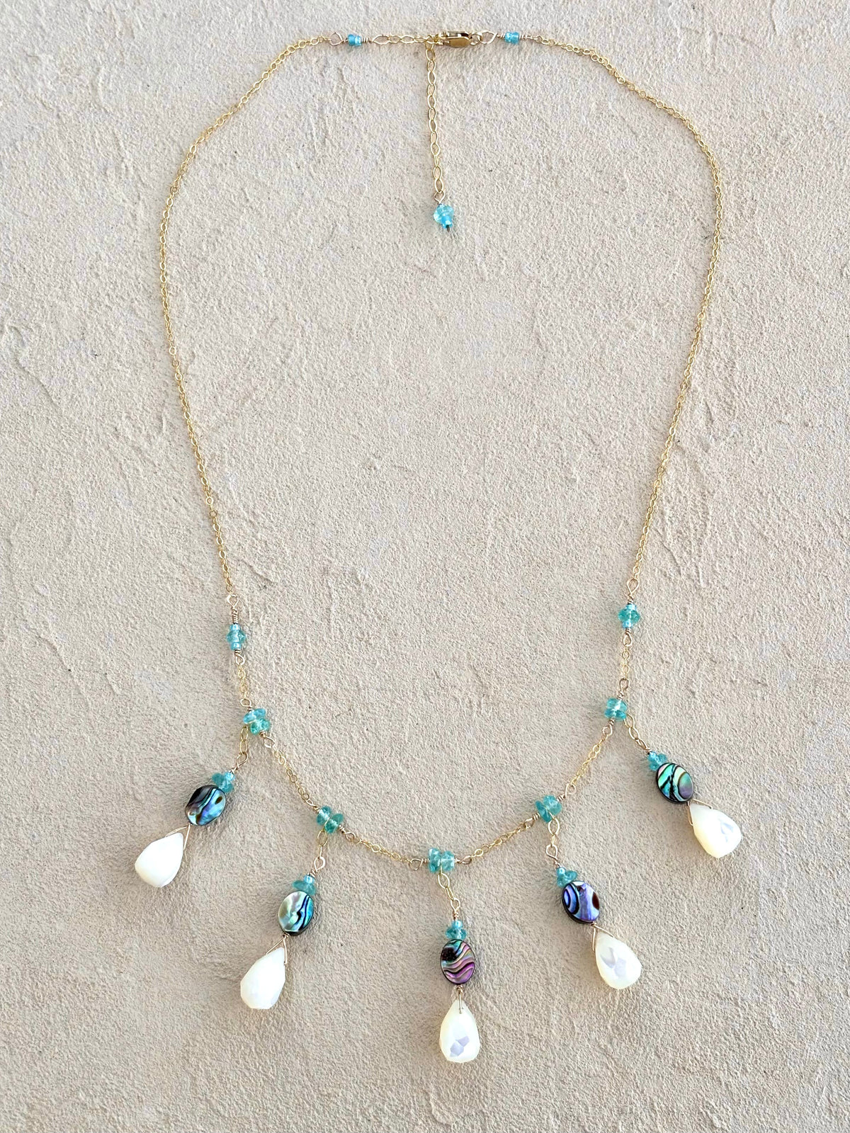Mother of Pearl and Abalone Teardrop Necklace with Aquamarine Elise Peters Inventory