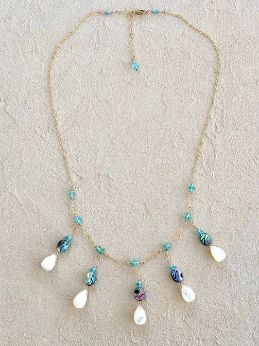 Mother of Pearl and Abalone Teardrop Necklace with Aquamarine Elise Peters Inventory