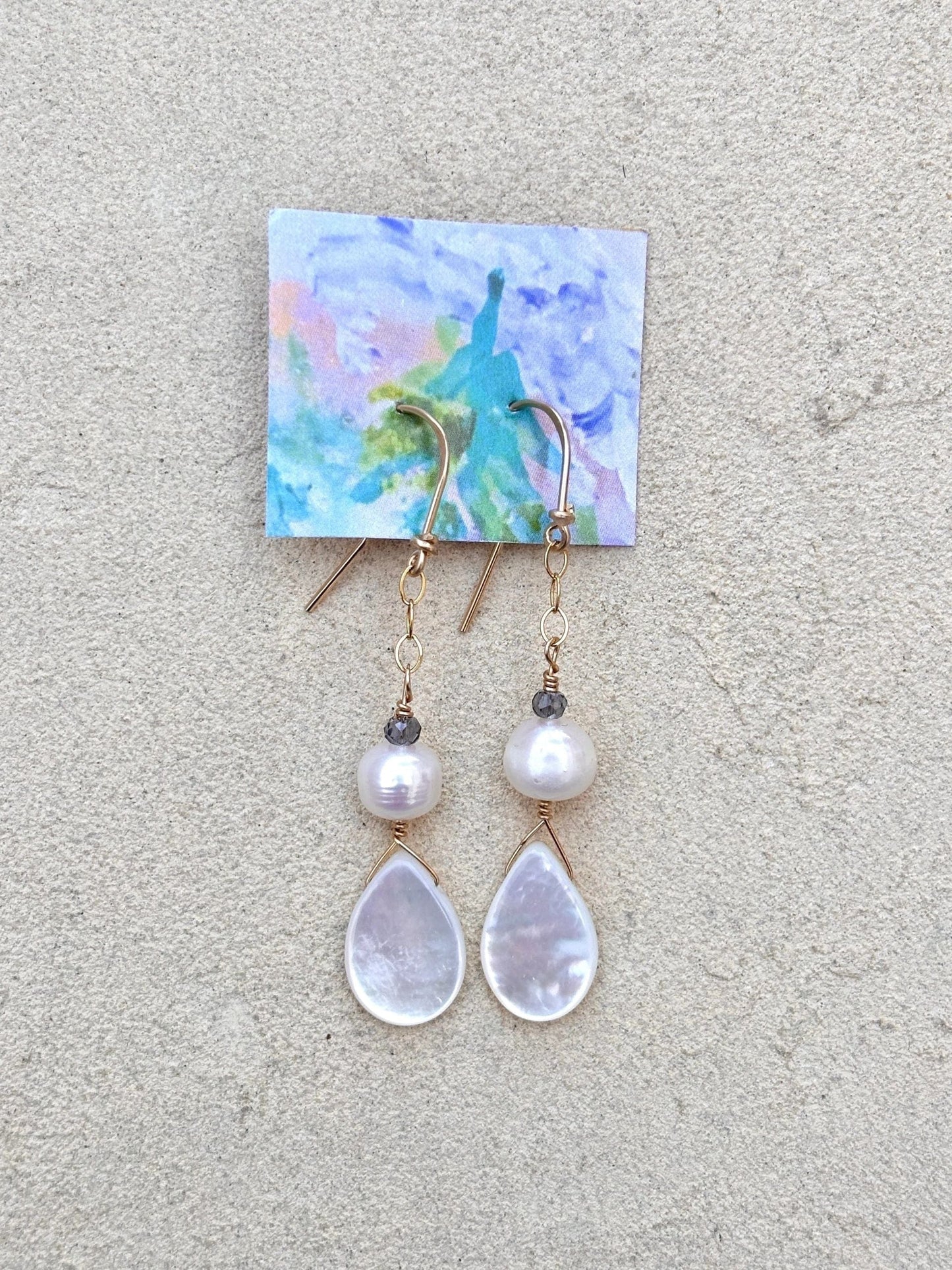 Mother of Pearl with Semi-Precious Stone Earrings Elise Peters Inventory 1 7/8" Fresh Water Pearl Smoky Quartz and Mother of Pearl