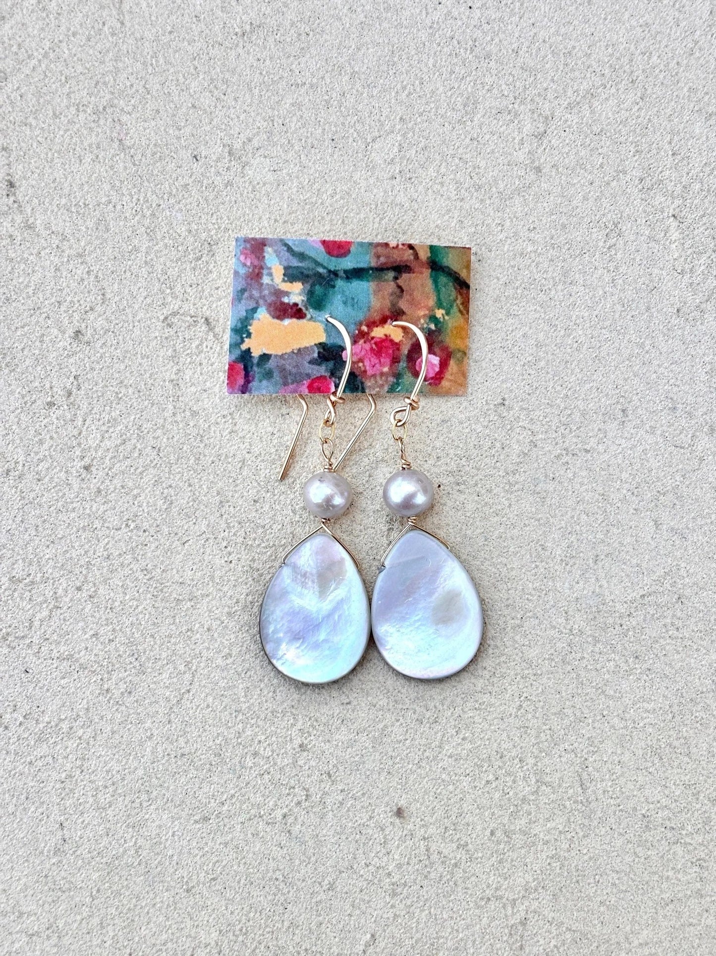 Mother of Pearl with Semi-Precious Stone Earrings Elise Peters Inventory 2.25" Fresh Water Pearl and Mother of Pearl (iridescent gray tone on backside)