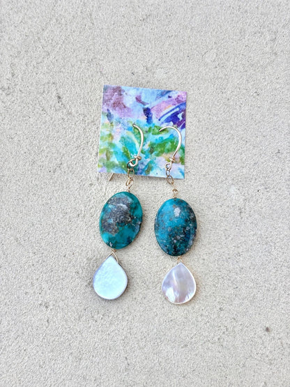 Mother of Pearl with Semi-Precious Stone Earrings Elise Peters Inventory 2.25" Turquoise and Mother of Pearl