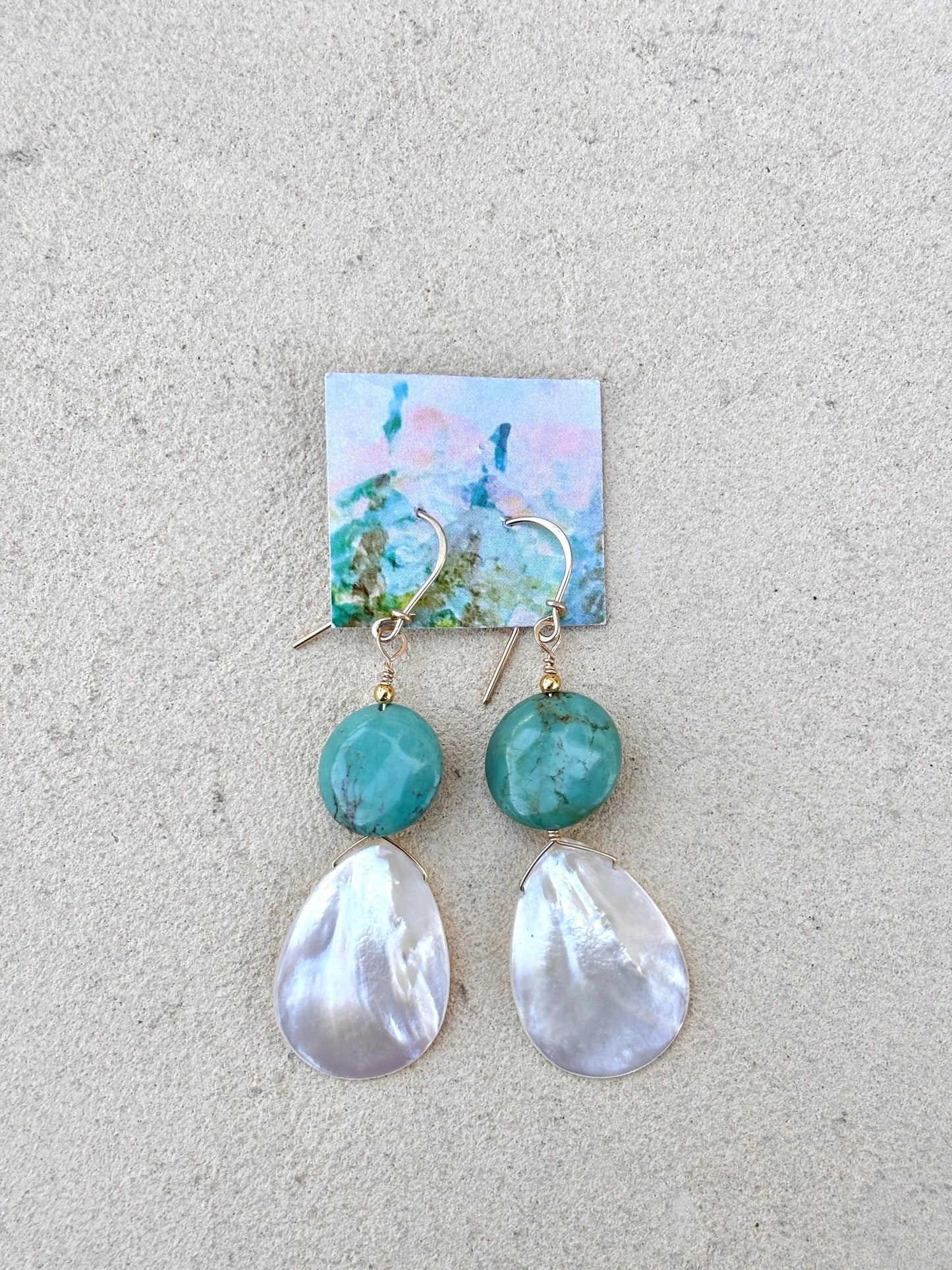 Mother of Pearl with Semi-Precious Stone Earrings Elise Peters Inventory 2 3/8" Turquoise and Mother of Pearl