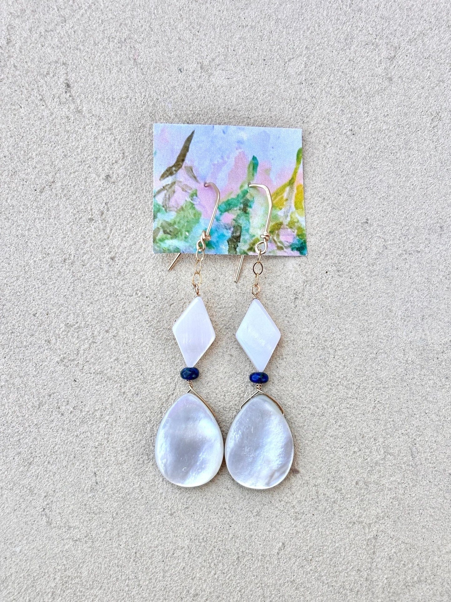 Mother of Pearl with Semi-Precious Stone Earrings Elise Peters Inventory 2.5" Lapis and Mother of Pearl