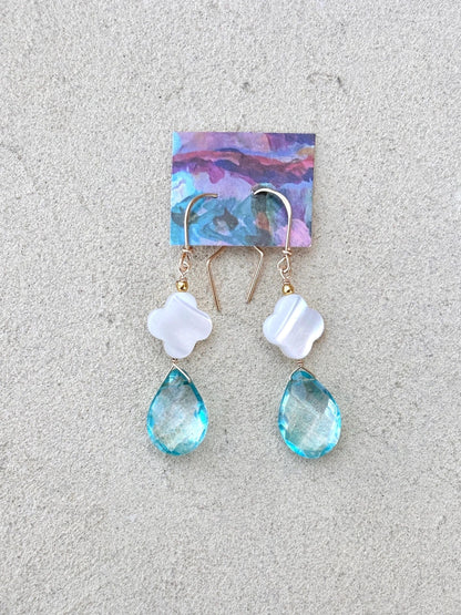 Mother of Pearl with Semi-Precious Stone Earrings Elise Peters Inventory 2" Blue Quartz and Mother of  Pearl