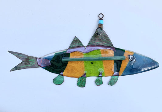 "Multi-Fin Fish" Fused Glass Hanging Sculpture Wired Glass Inventory