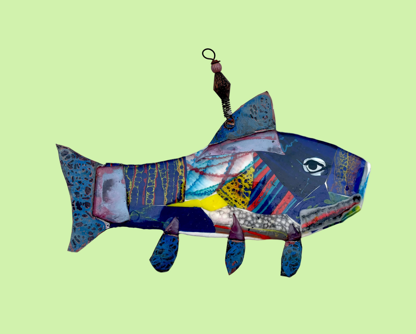"Multi-Pattern Blue Fish" Fused Glass and Metal Hanging Sculpture Wired Glass Inventory