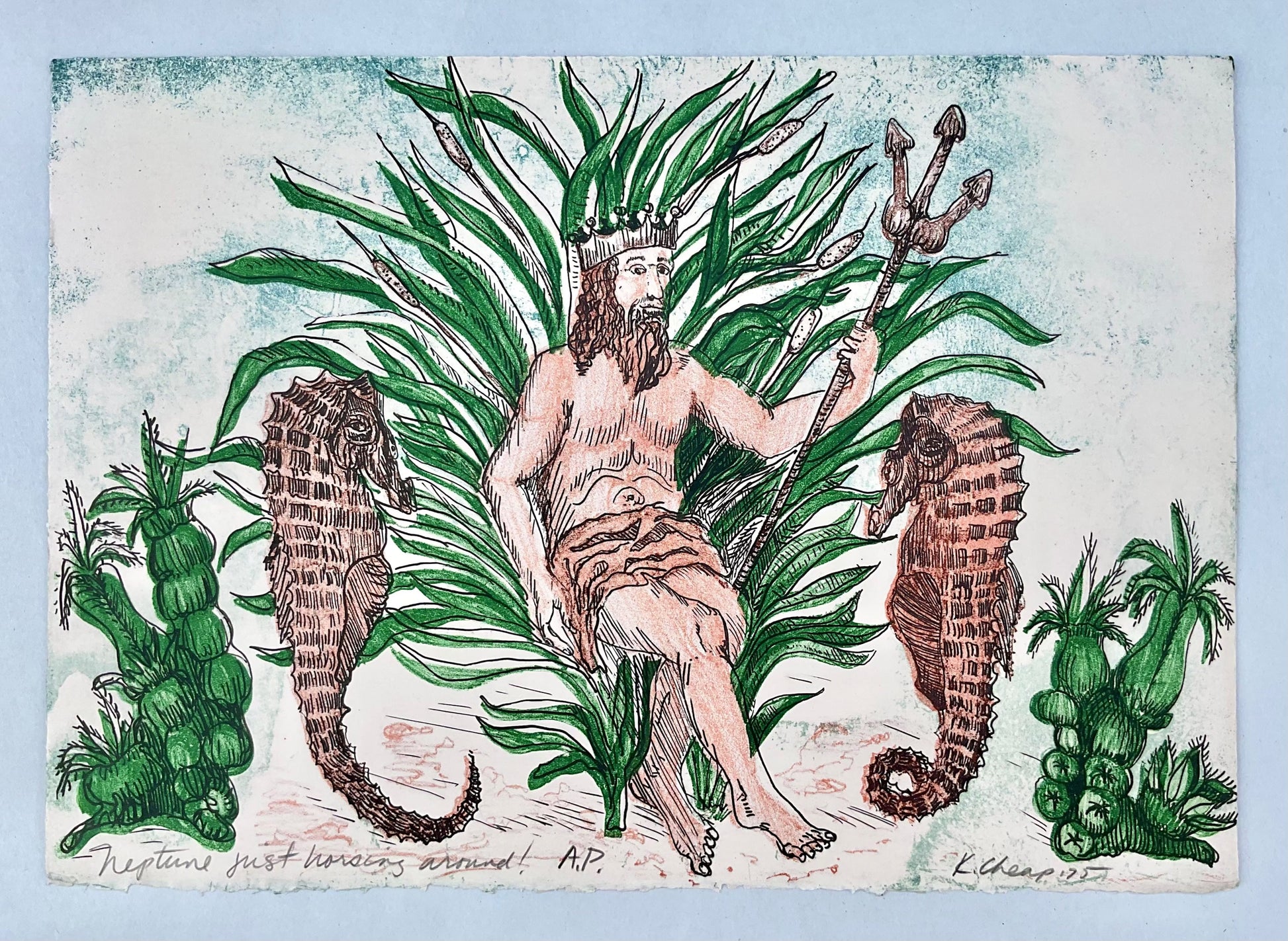 "Neptune Just Horsing Around" Limestone Lithograph Print Afishinados Consignment