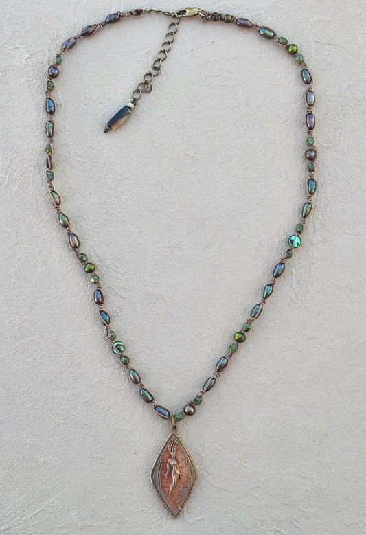 New! Bronze Casino Mermaid on Short Beaded Necklaces Heidi Duran Inventory Green Pearls and Abalone ( 18" /20")