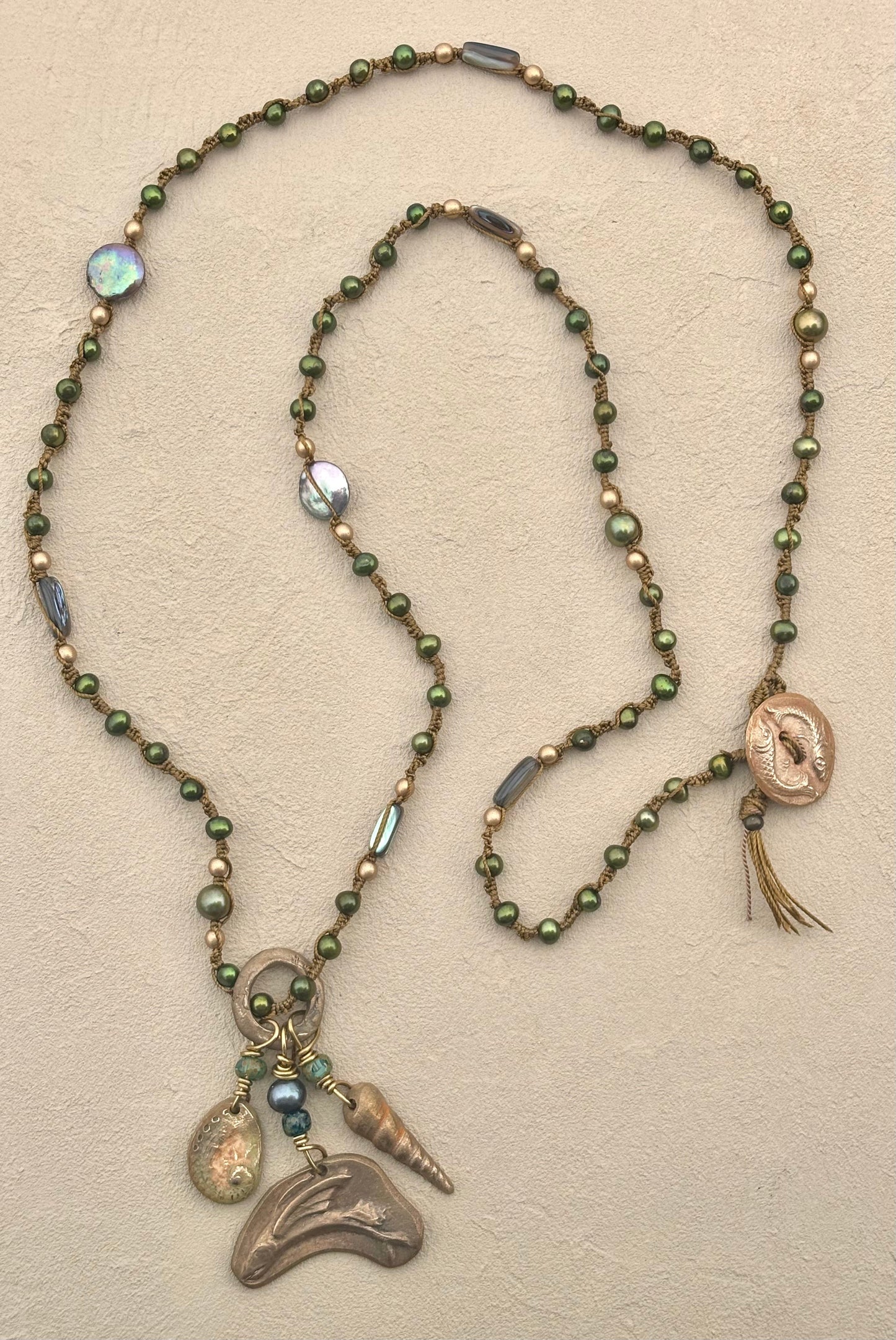 NEW! Bronze Pendant with Semi-Precious Stone (Assortment) Heidi Duran Inventory Flying Fish : Green Pearls and Abalone Shells