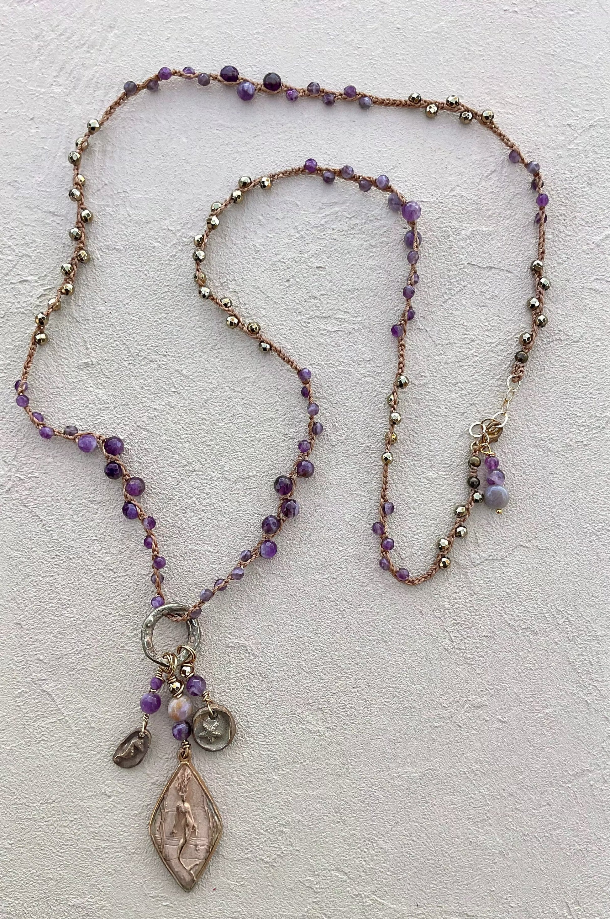 NEW! Casino Mermaid Necklace with Semi-Precious Stones Heidi Duran Inventory Amethyst and Gold Pyrite with bronze charms