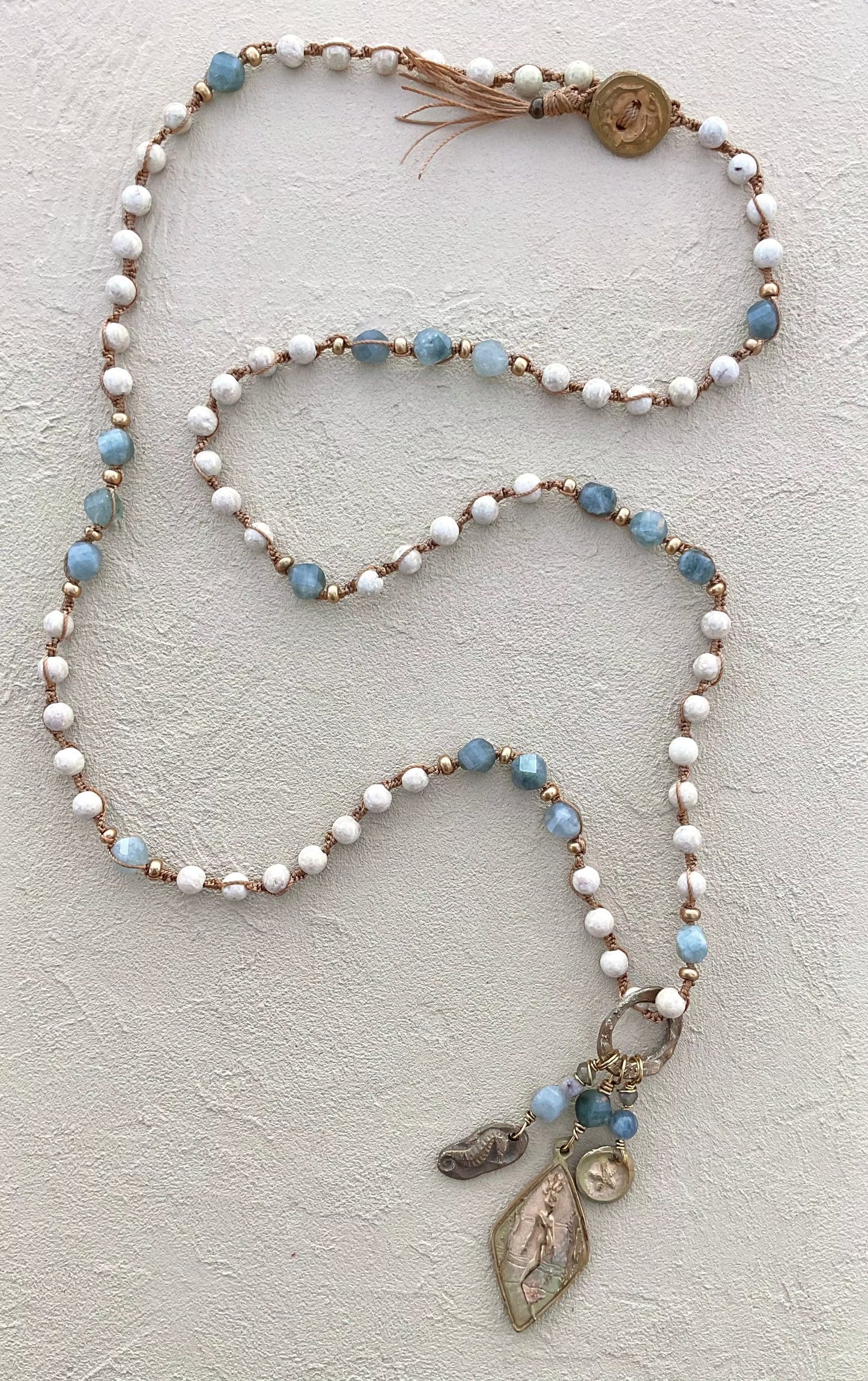 NEW! Casino Mermaid Necklace with Semi-Precious Stones Heidi Duran Inventory Fossilized Coral and Kyanite with bronze charms