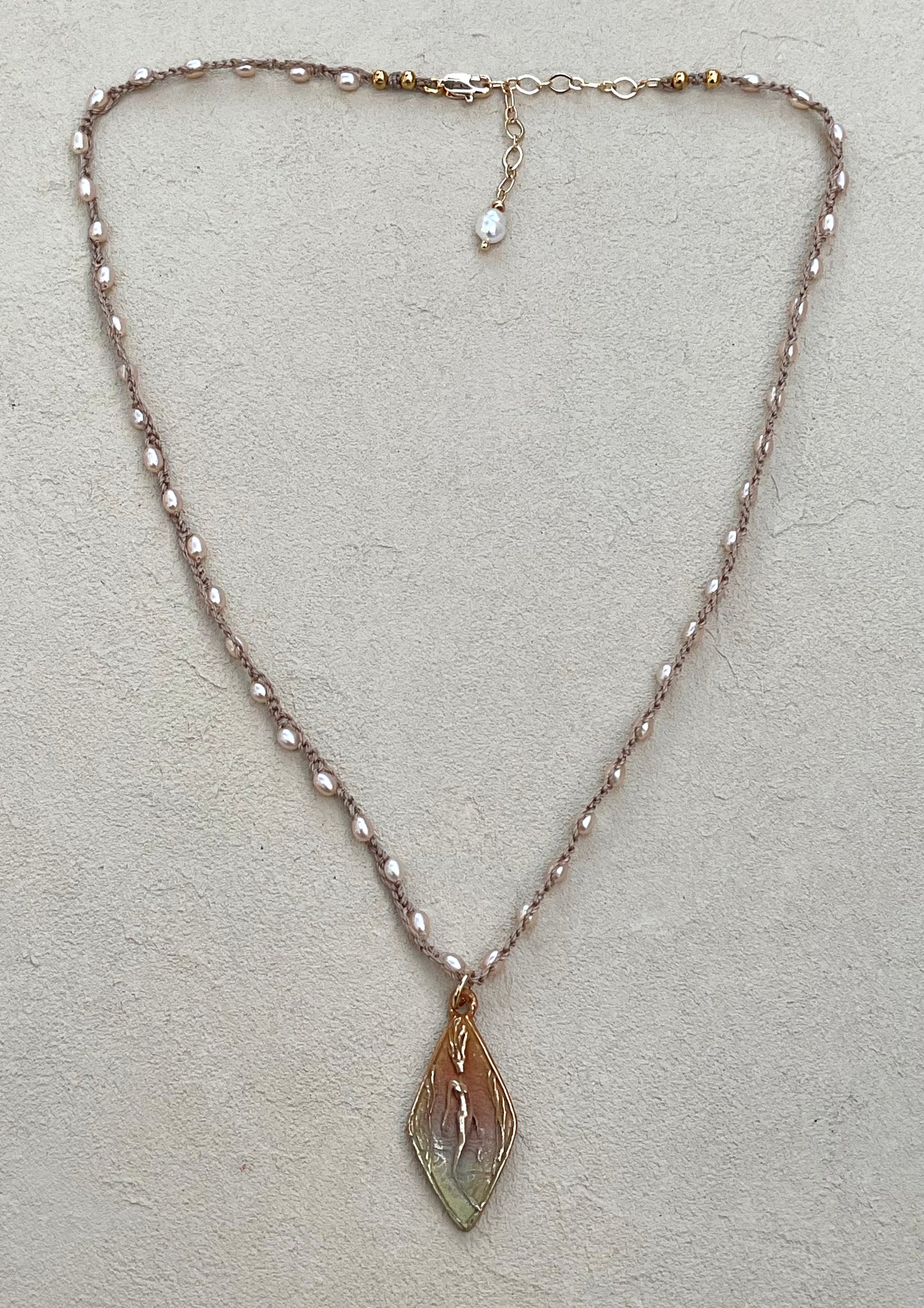 New! Mini Bronze Casino Mermaid on Short Beaded Necklaces Heidi Duran Inventory Tiny Pale-Pink Pearls ( 18" /20")