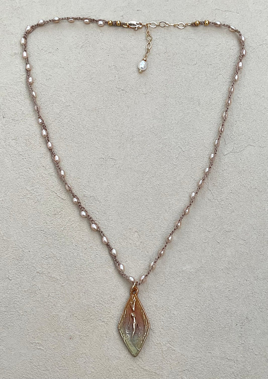 New! Mini Bronze Casino Mermaid on Short Beaded Necklaces Heidi Duran Inventory Tiny Pale-Pink Pearls ( 18" /20")