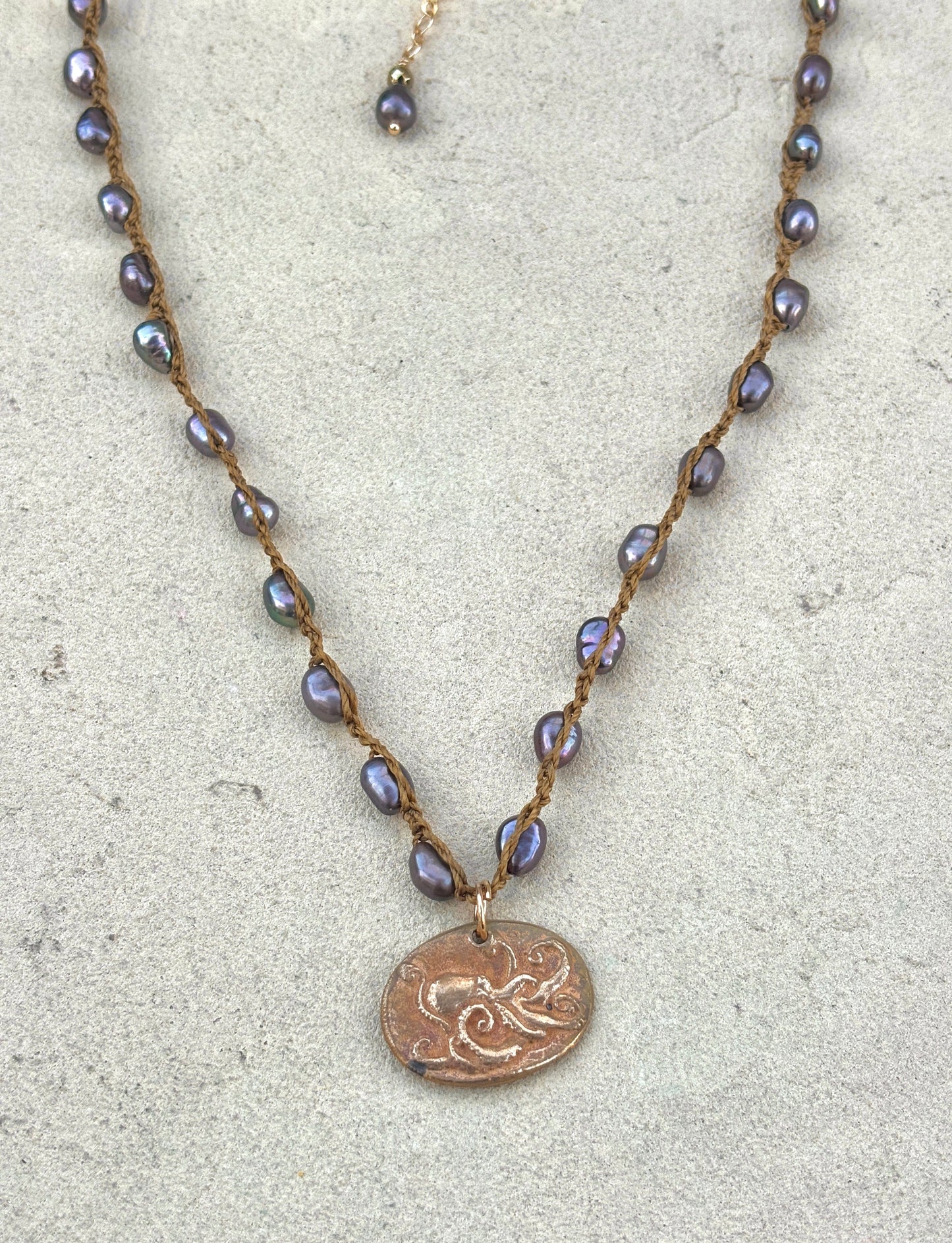 Octopus Bronze Pendant on chain/beaded necklace Heidi Duran Inventory Vintage Dark Pearls