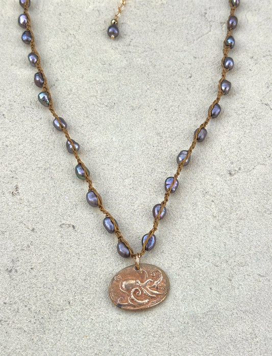 Octopus Bronze Pendant on chain/beaded necklace Heidi Duran Inventory Vintage Dark Pearls