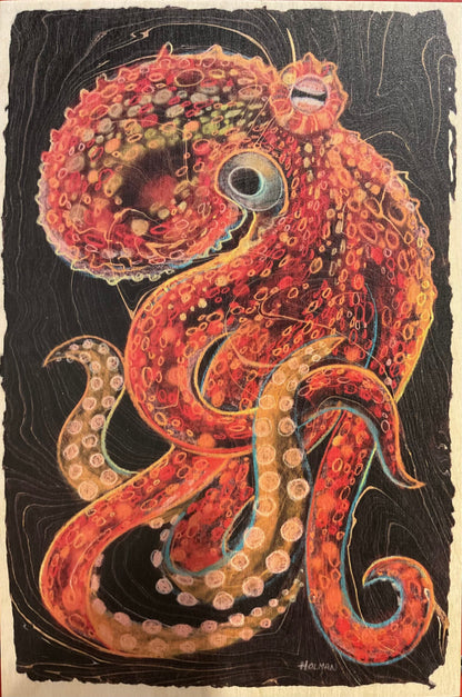 Octopus Print on Wood Panel Stephen Holman Consignment MEDIUM RED WITH BLACK