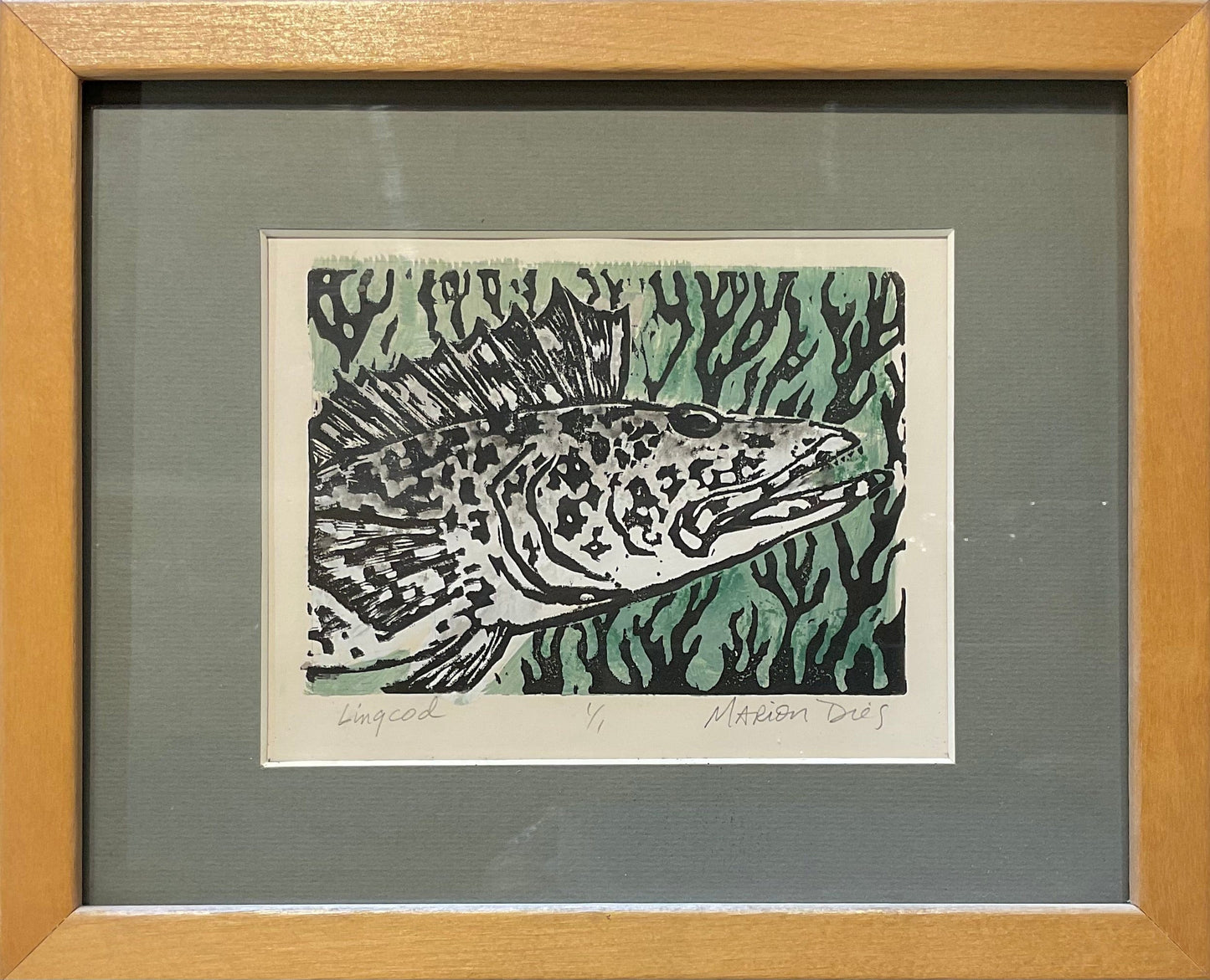 Original Wood Block Prints Marion Dies Consignment Lingcod -Black and White