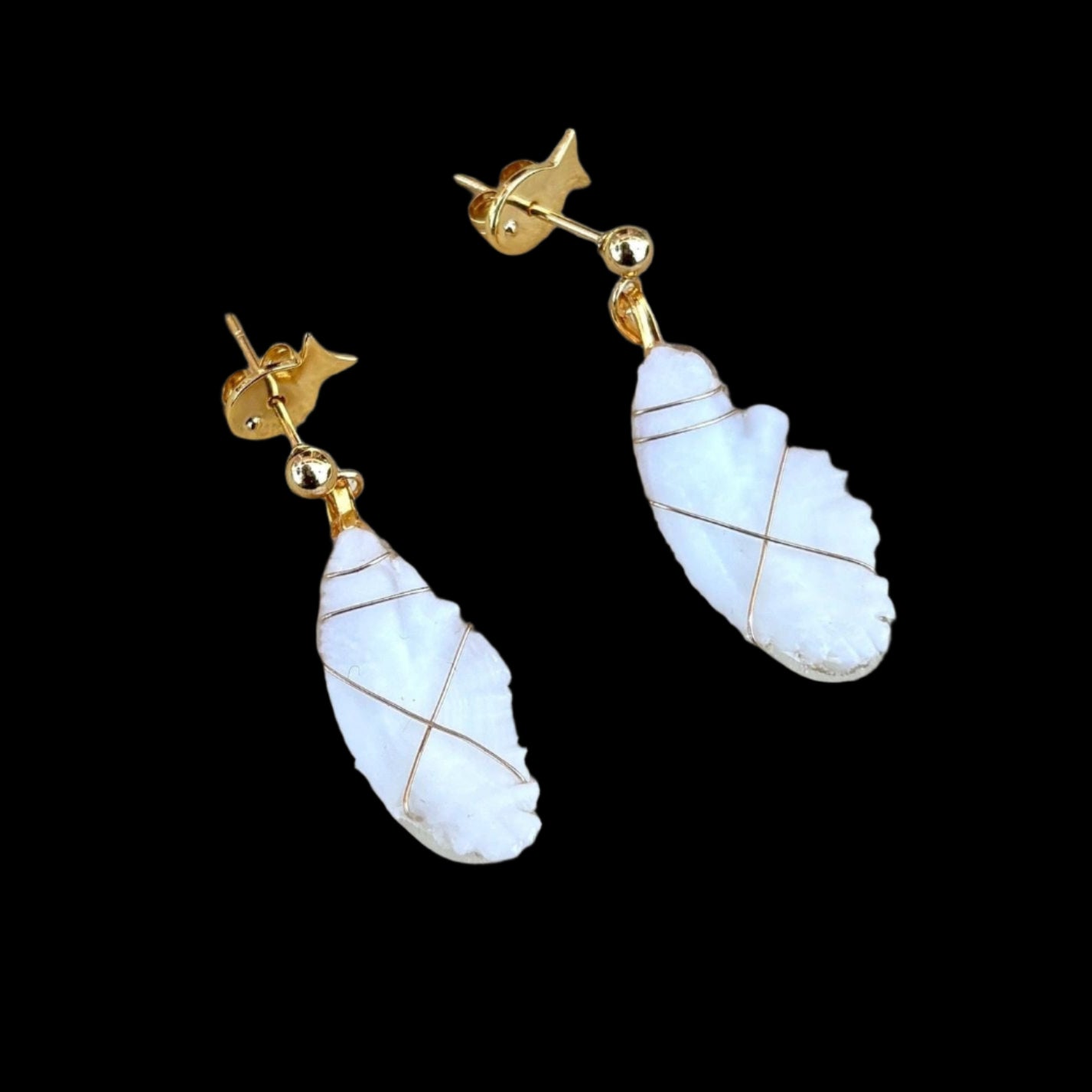 Otolith and Pearl Drop Earrings Magdalena Consignment 14K Gold Wire Wrapped