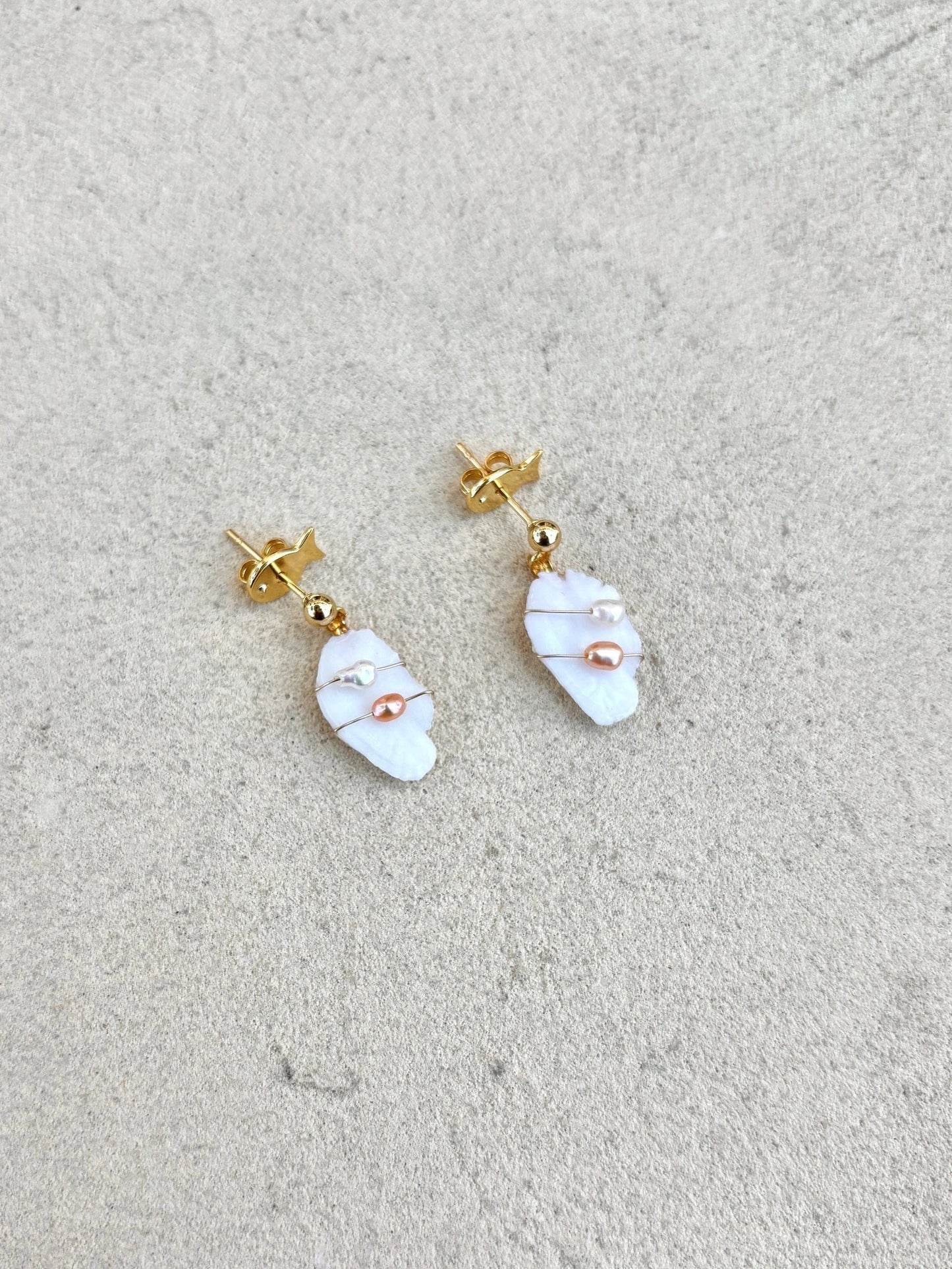 Otolith and Pearl Drop Earrings Magdalena Consignment 14K Gold Wire Wrapped with DOUBLE Pearls