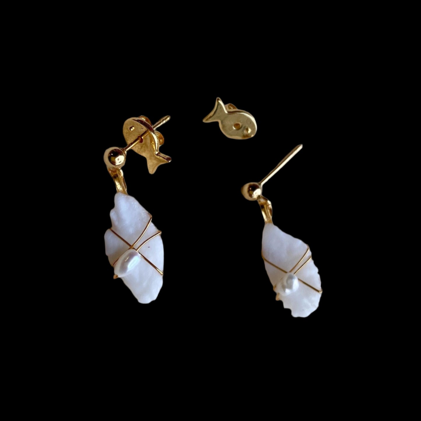 Otolith and Pearl Drop Earrings Magdalena Consignment 14K Gold Wire Wrapped with Pearls