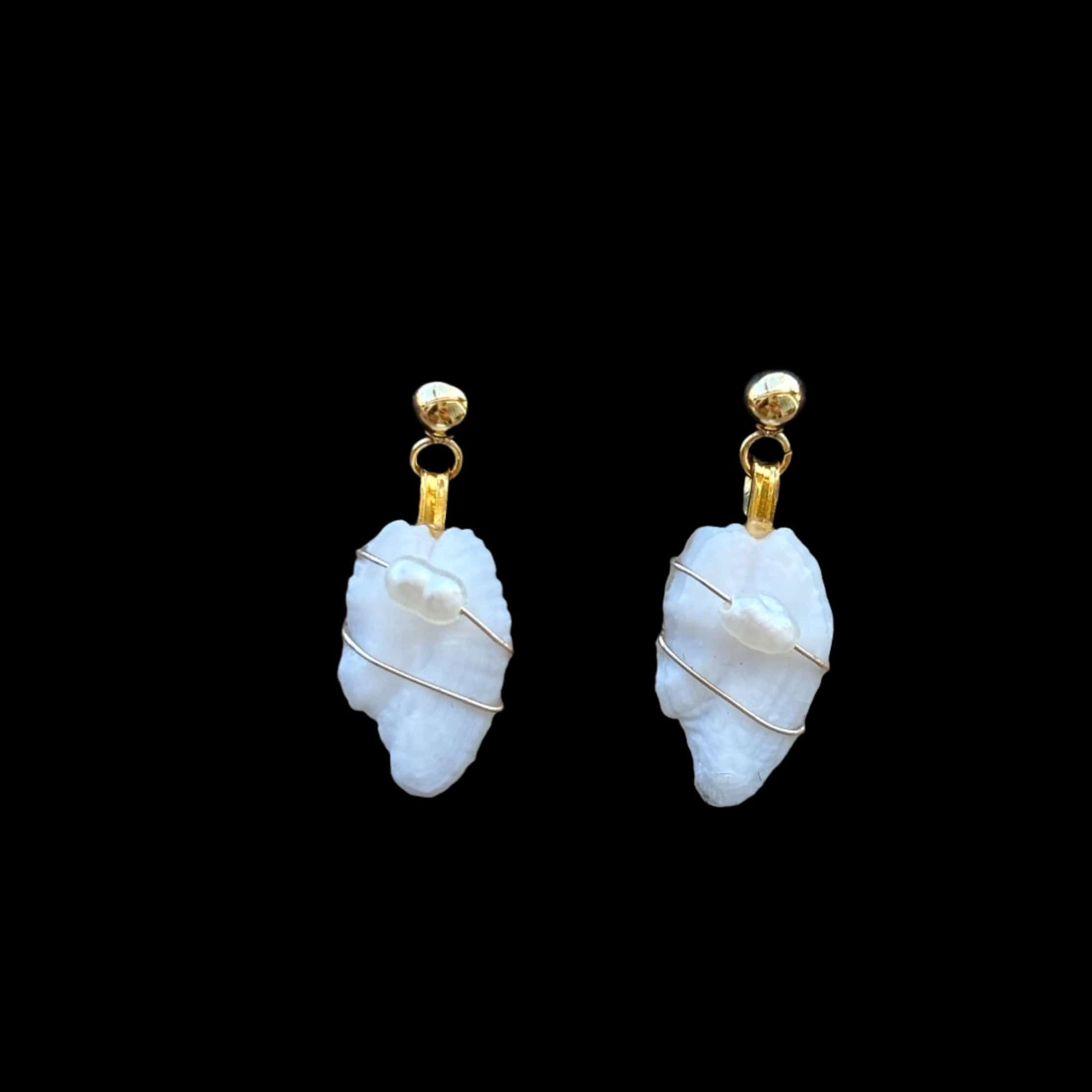 Otolith and Pearl Drop Earrings Magdalena Consignment 14K Gold Wire Wrapped with Pearls - .75"