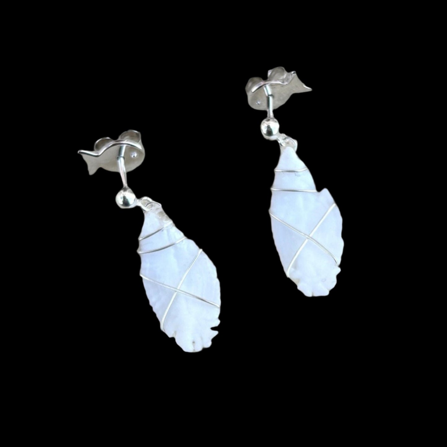 Otolith and Pearl Drop Earrings Magdalena Consignment Sterling Silver Wire Wrapped