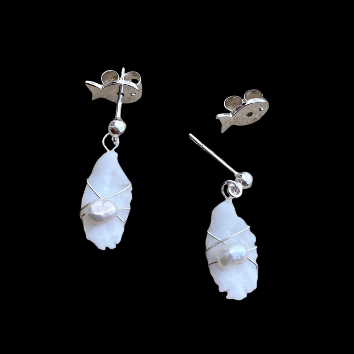 Otolith and Pearl Drop Earrings Magdalena Consignment Sterling Silver Wire Wrapped with Pearls