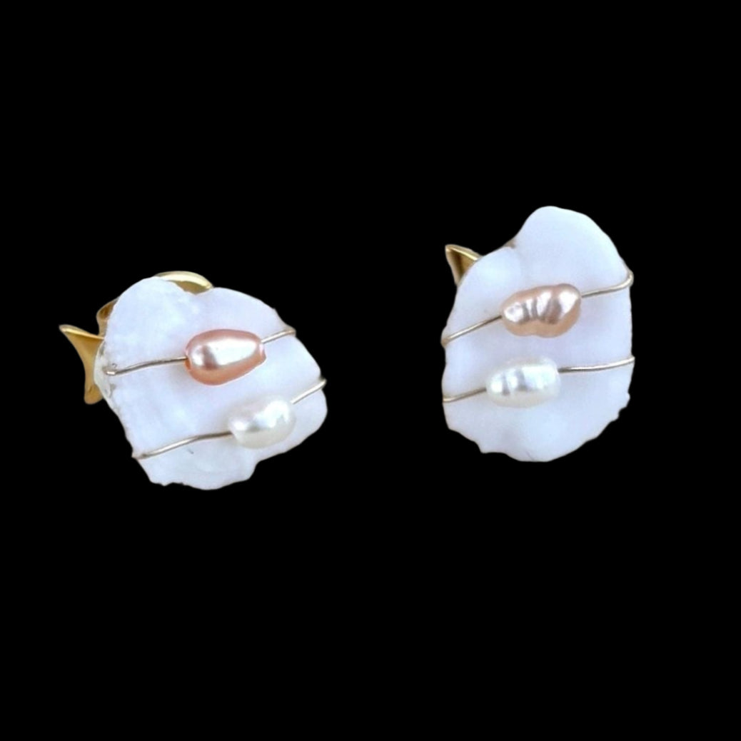 Otolith Post Earrings Magdalena Consignment 14K Gold-Filled Wire Wrapped - WITH  DOUBLE PEARLS