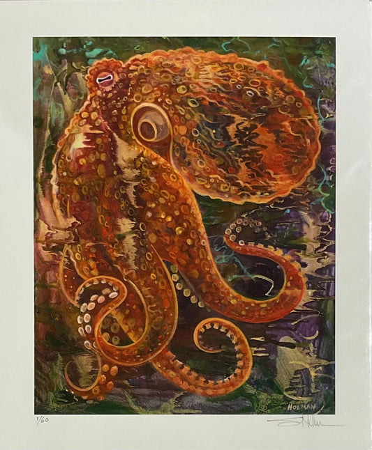 "Pacific Octopus" Giclee Print in Orange and Purples Stephen Holman Consignment