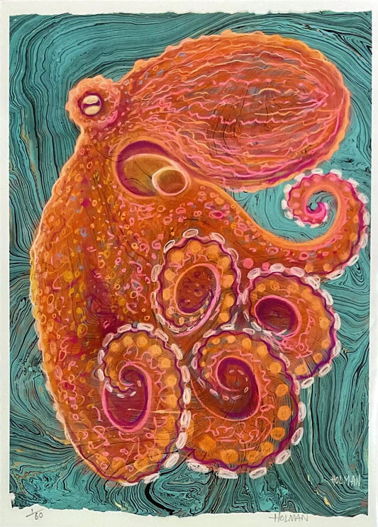 "Pacific Octopus" Giclee Print in Orange and Turquoise Stephen Holman Consignment