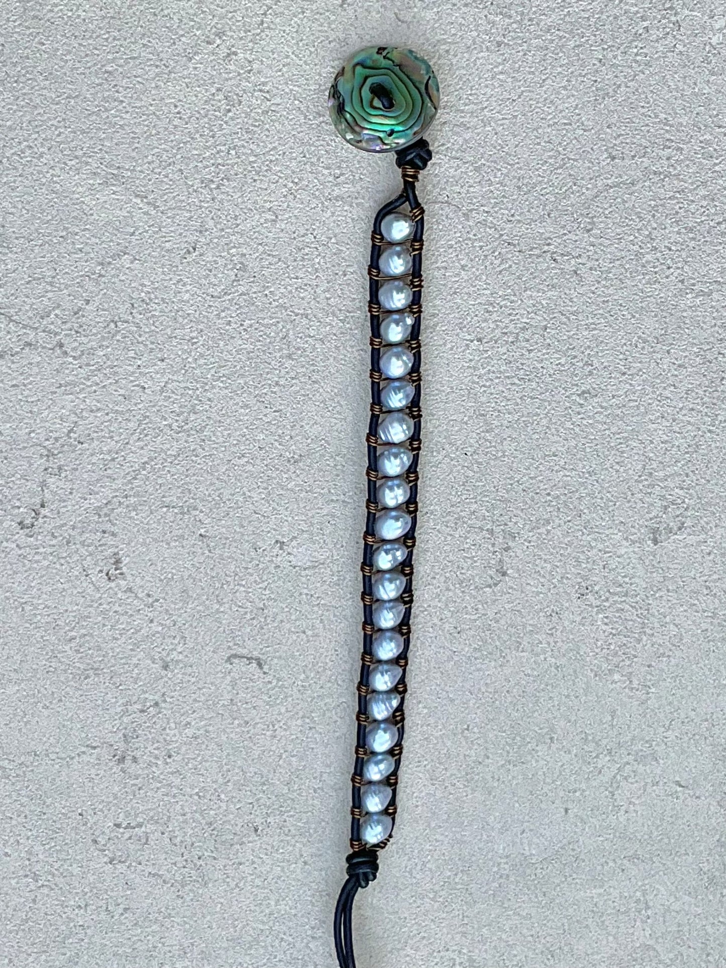 "Pearl: Treasure of the Sea" Bracelets Heidi Duran Inventory Gray Pearls -  Black Leather