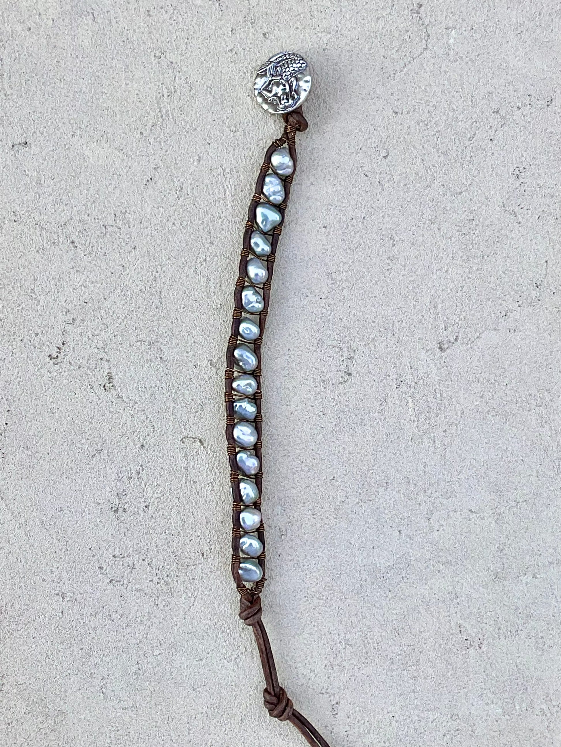 "Pearl: Treasure of the Sea" Bracelets Heidi Duran Inventory Keshi Gray Pearls - Brown Leather