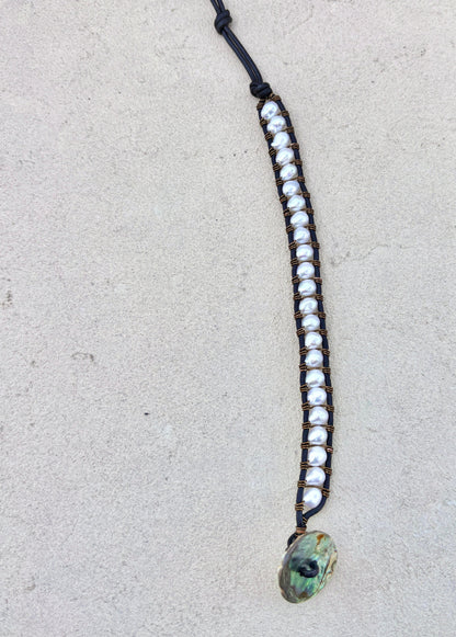 "Pearl: Treasure of the Sea" Bracelets Heidi Duran Inventory White Pearls - Black Leather