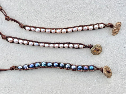 "Pearl: Treasure of the Sea" Leather Bracelets Heidi Duran Inventory