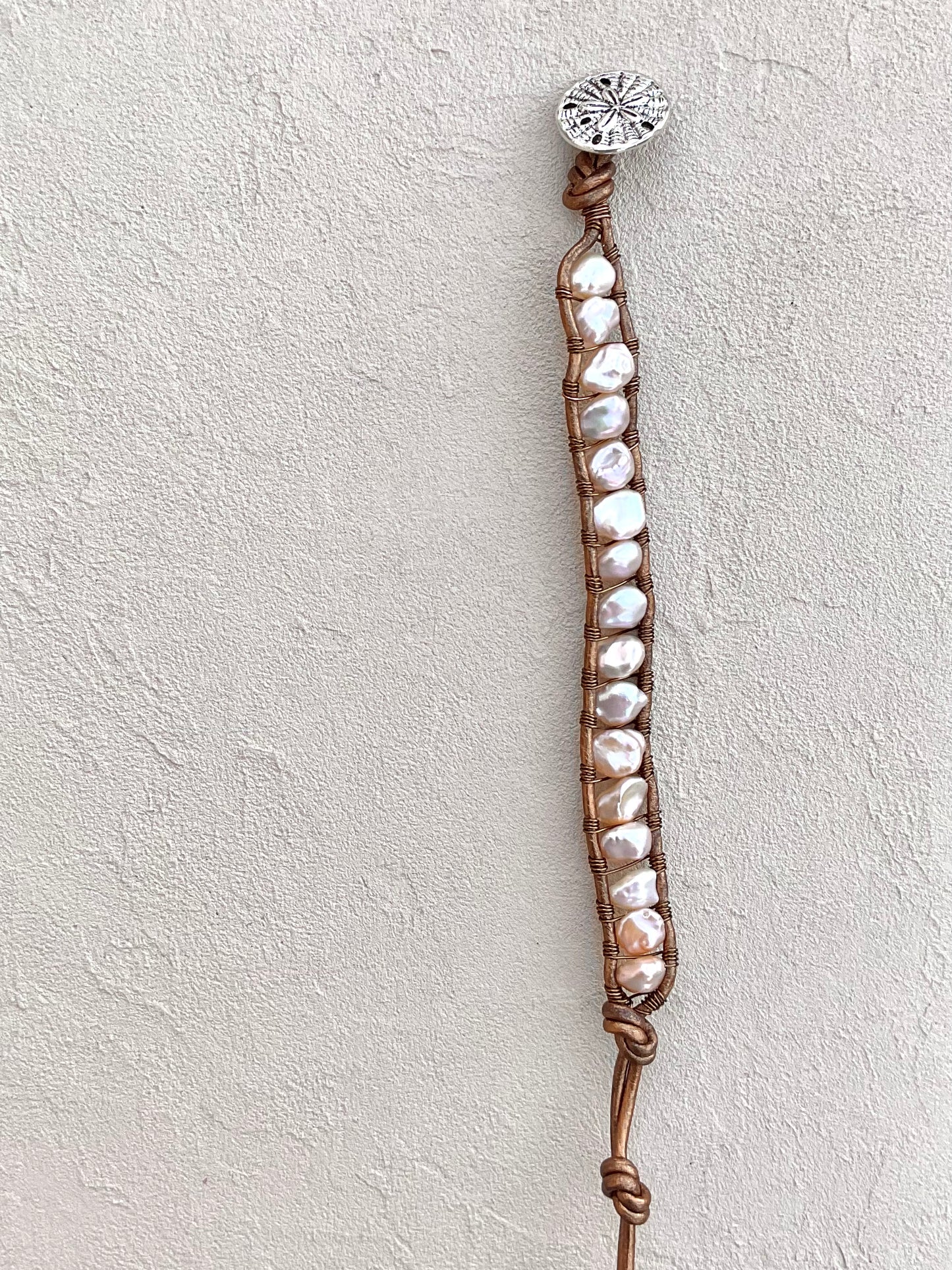 "Pearl: Treasure of the Sea" Leather Bracelets Heidi Duran Inventory Champagne Keshi Pearls - Antique Gold leather