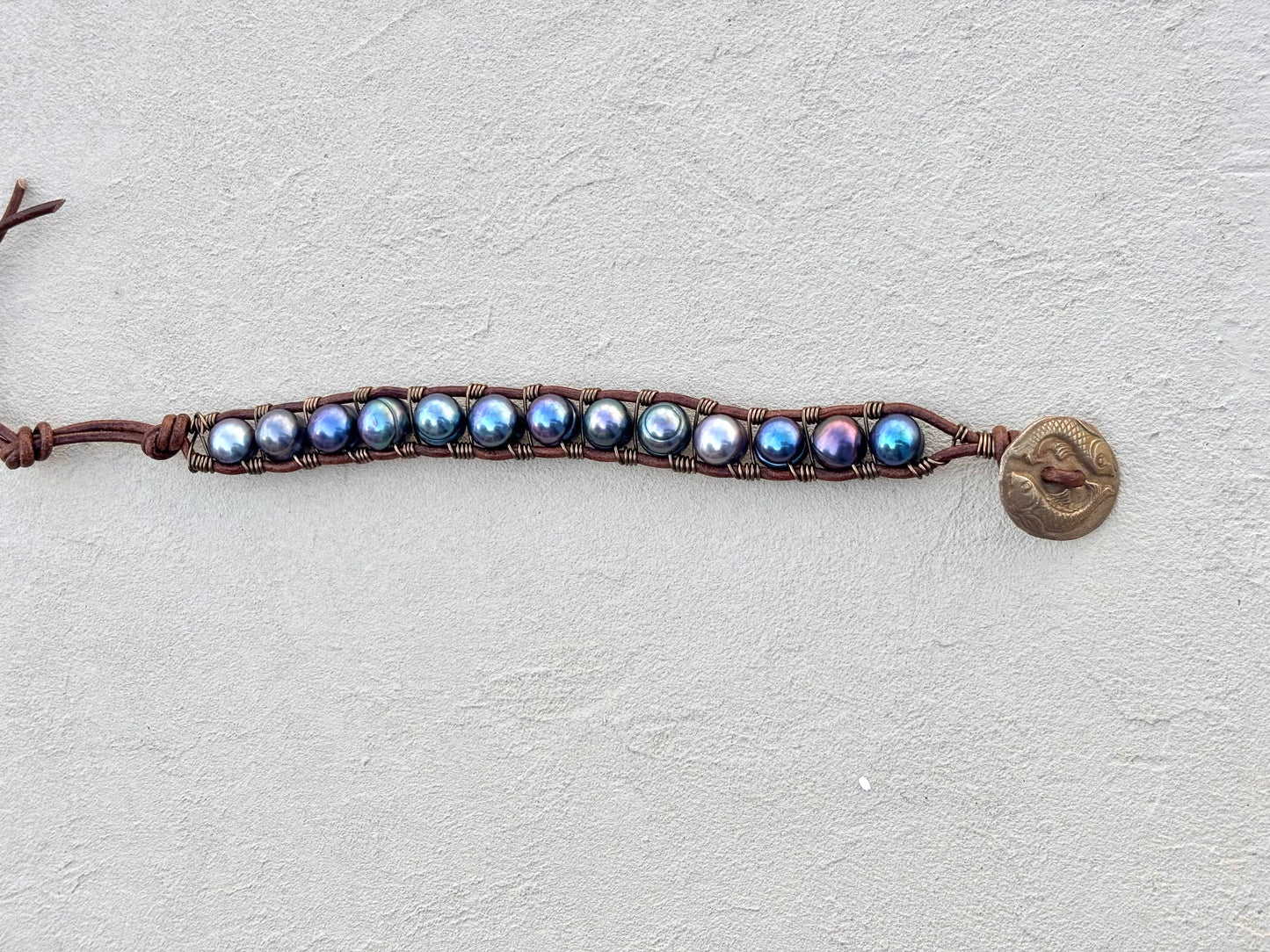 "Pearl: Treasure of the Sea" Leather Bracelets Heidi Duran Inventory Large Dark Purple Pearls w/ handmade bronze button