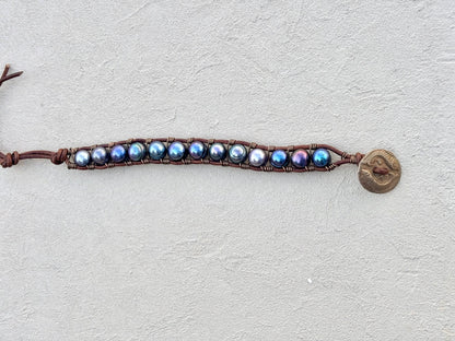 "Pearl: Treasure of the Sea" Leather Bracelets Heidi Duran Inventory Large Dark Purple Pearls w/ handmade bronze button