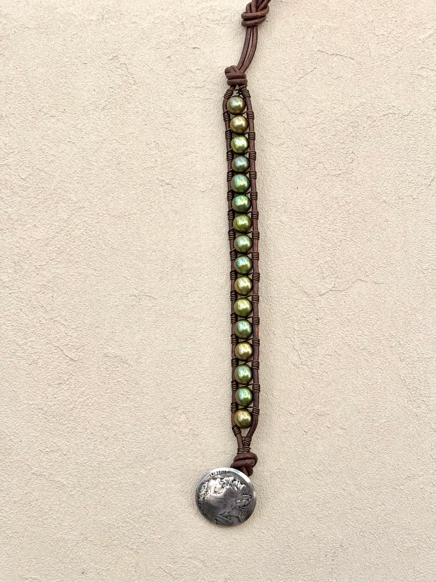 "Pearl: Treasure of the Sea" Leather Bracelets Heidi Duran Inventory Large Green Pearls