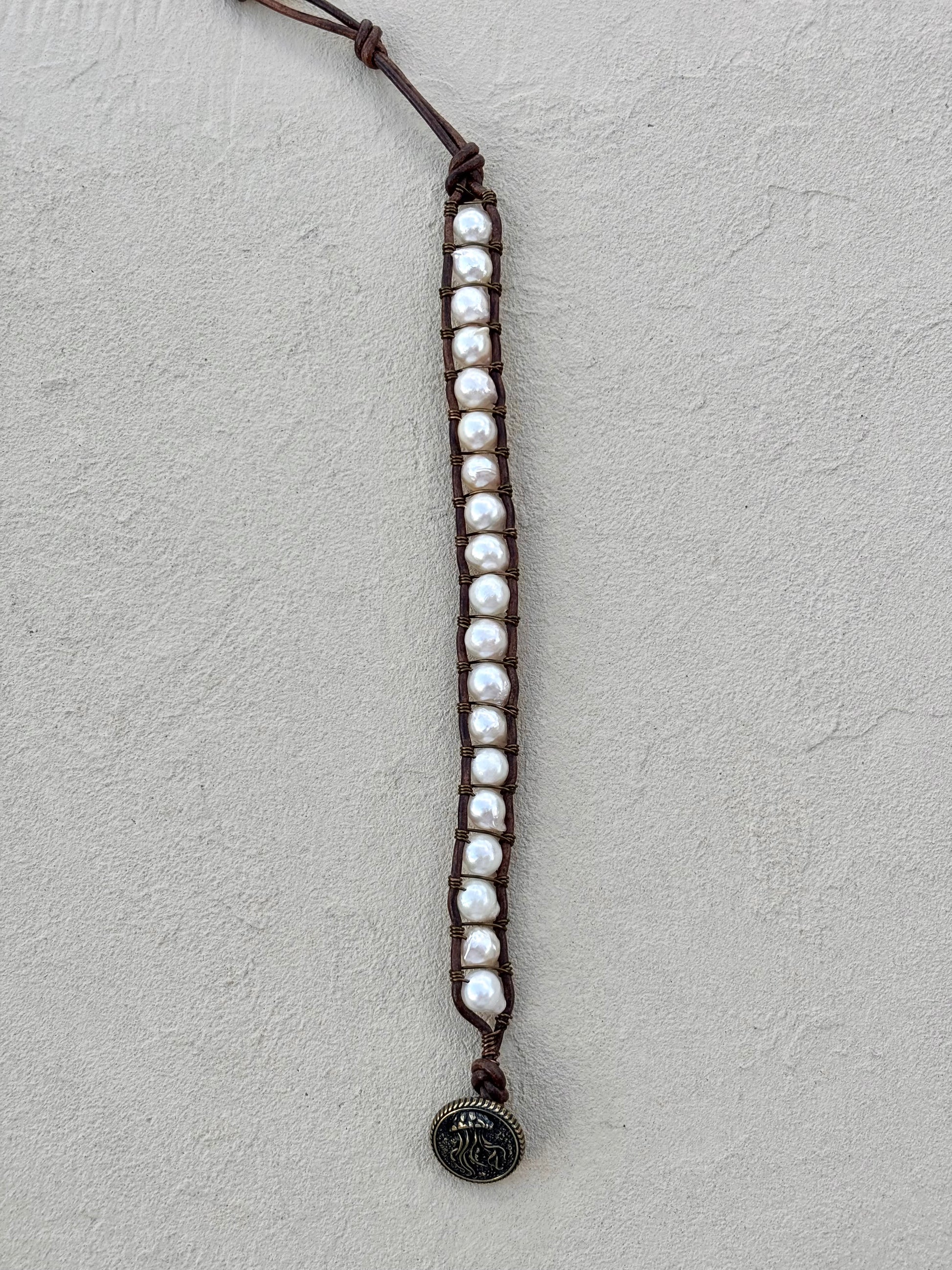 "Pearl: Treasure of the Sea" Leather Bracelets Heidi Duran Inventory Medium Flame Ball Pearl - Pewter Leather