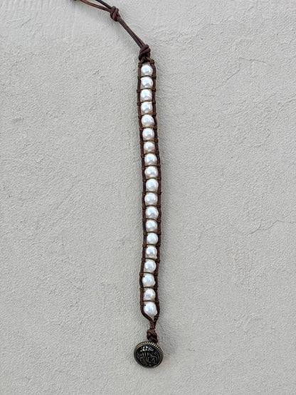 "Pearl: Treasure of the Sea" Leather Bracelets Heidi Duran Inventory Medium Flame Ball Pearl - Pewter Leather