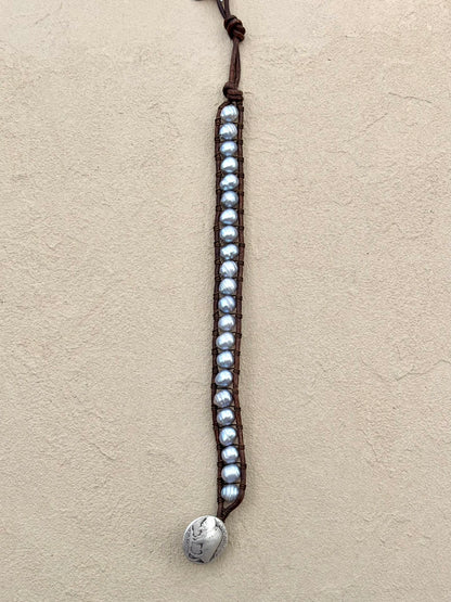 "Pearl: Treasure of the Sea" Leather Bracelets Heidi Duran Inventory Medium Silver Pearls