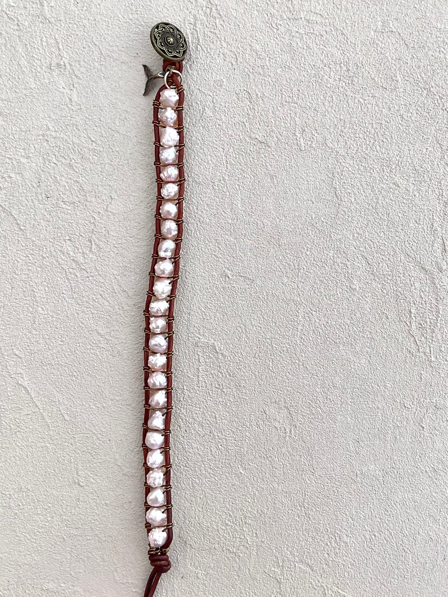 "Pearl: Treasure of the Sea" Leather Bracelets Heidi Duran Inventory Pink Rose Bud Pearls -  Brown leather