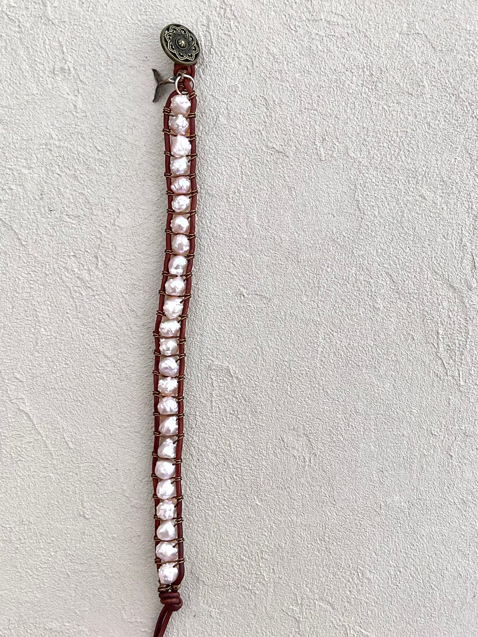 "Pearl: Treasure of the Sea" Leather Bracelets Heidi Duran Inventory Pink Rose Bud Pearls -  Brown leather