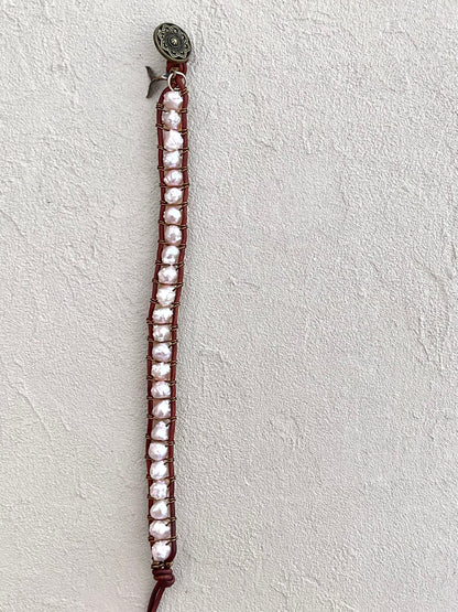 "Pearl: Treasure of the Sea" Leather Bracelets Heidi Duran Inventory Pink Rose Bud Pearls -  Brown leather
