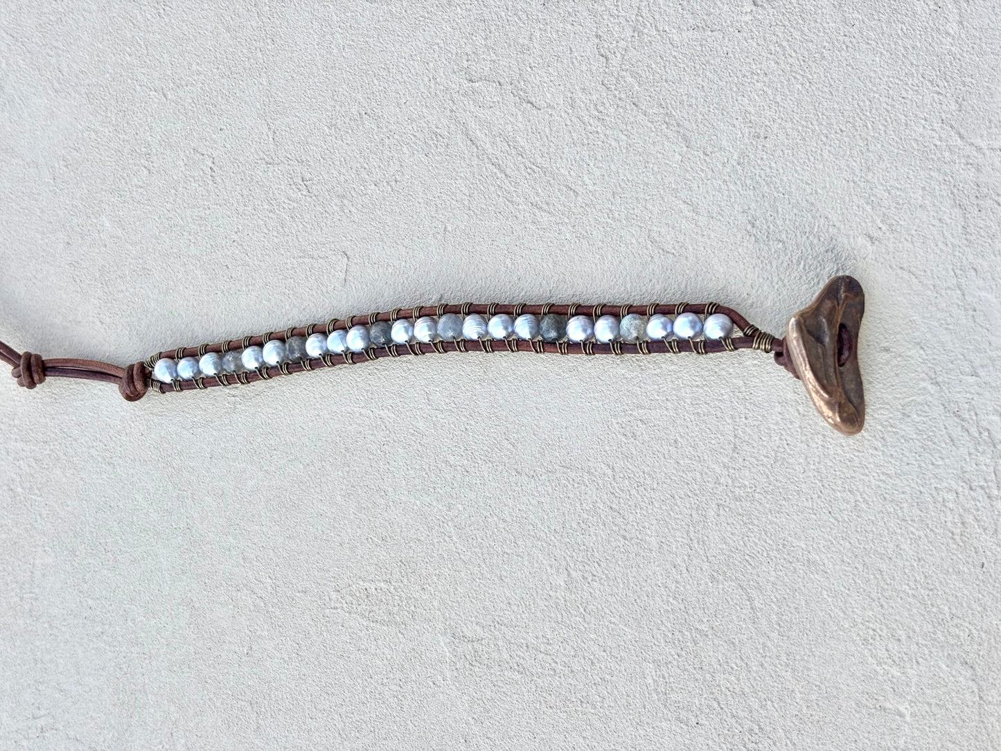 "Pearl: Treasure of the Sea" Leather Bracelets Heidi Duran Inventory Small Gray Pearls and Labradorite w/ handmade bronze button