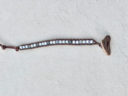 "Pearl: Treasure of the Sea" Leather Bracelets Heidi Duran Inventory Small Gray Pearls and Labradorite w/ handmade bronze button