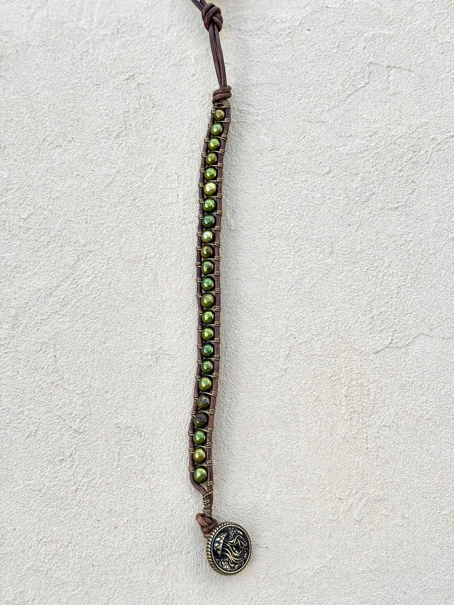 "Pearl: Treasure of the Sea" Leather Bracelets Heidi Duran Inventory Small Green Pearls