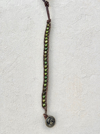 "Pearl: Treasure of the Sea" Leather Bracelets Heidi Duran Inventory Small Green Pearls