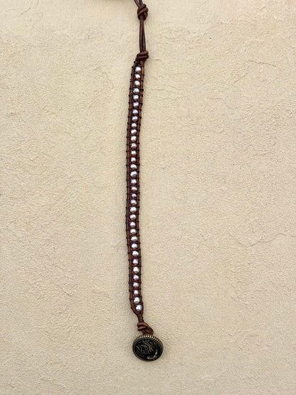 "Pearl: Treasure of the Sea" Leather Bracelets Heidi Duran Inventory Small Pinkish-Bronze Pearls