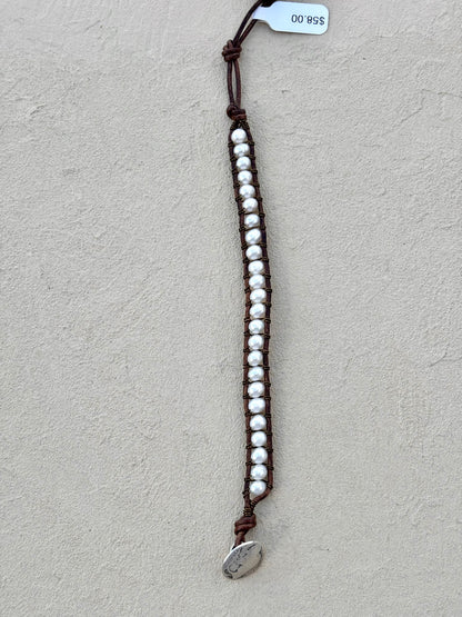 "Pearl: Treasure of the Sea" Leather Bracelets Heidi Duran Inventory Small White Pearls